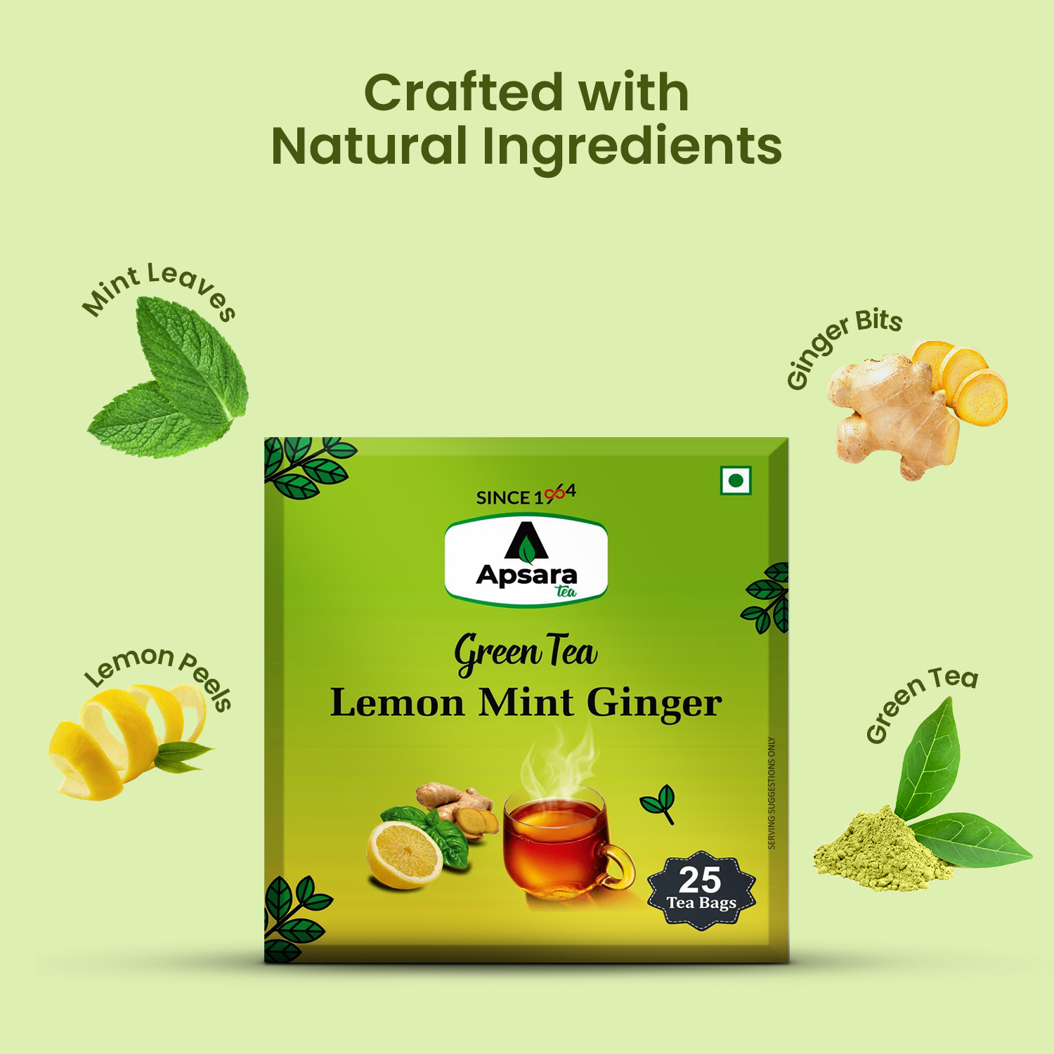 APSARA Lemon Mint Ginger Green Tea | Herbal Tea For Immunity Boosting, All Natural Flavour, Zero Calories - Improves Metabolism & Reduces Waist