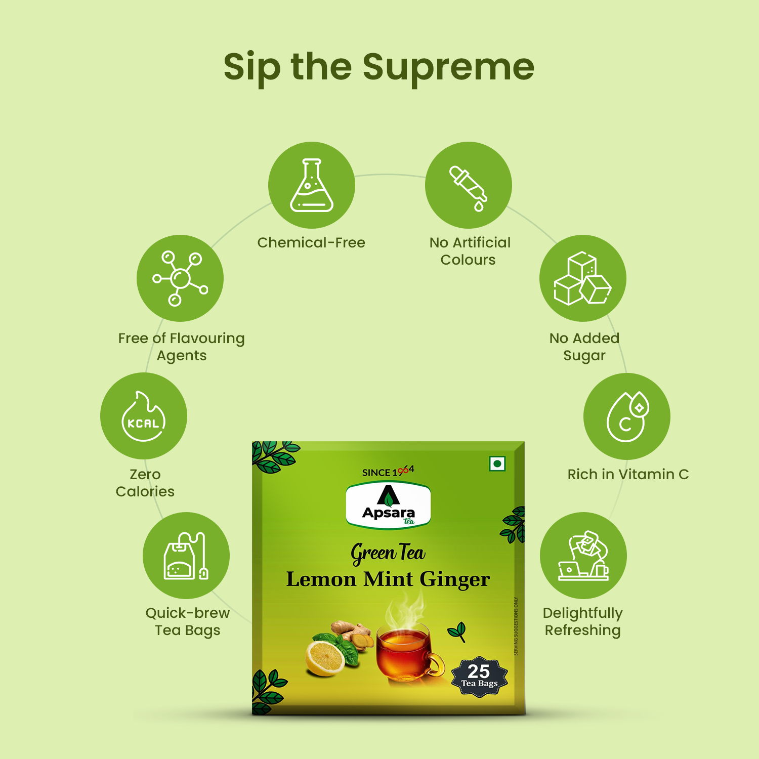 APSARA Lemon Mint Ginger Green Tea | Herbal Tea For Immunity Boosting, All Natural Flavour, Zero Calories - Improves Metabolism & Reduces Waist