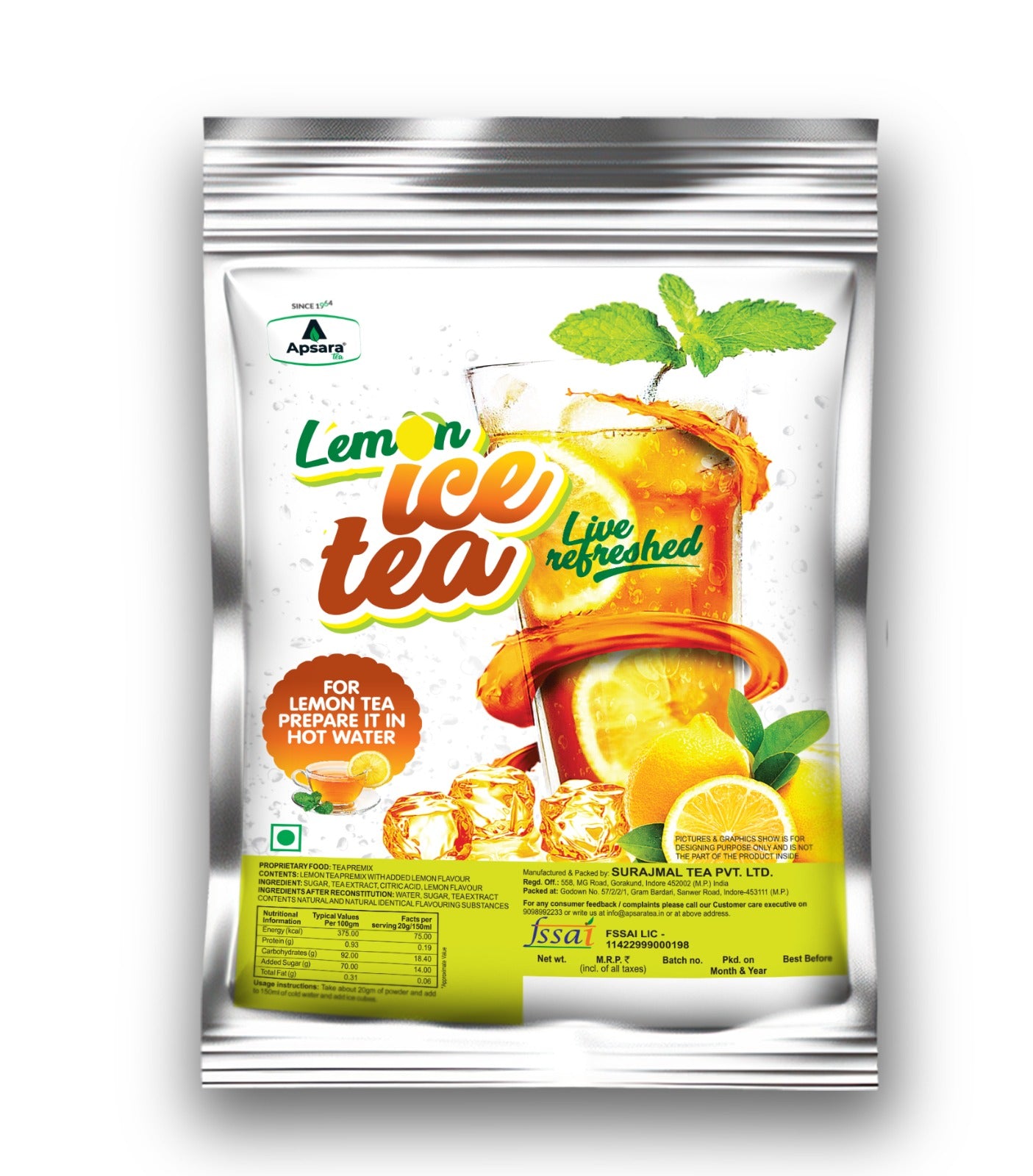 Apsara Tea Instant Premix Lemon Ice Tea | 2 In-1 Tea, Lemon Flavoured Iced Tea, And Hot Lemon Tea | Refreshing Summer Drink | Ready To Drink Ice And Hot Green Tea | Lemon Tea | Iced Tea